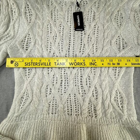 New Express Ruffle Mock Neck Pointelle Peplum Sweater White Gold Glam Holiday S - Picture 10 of 11